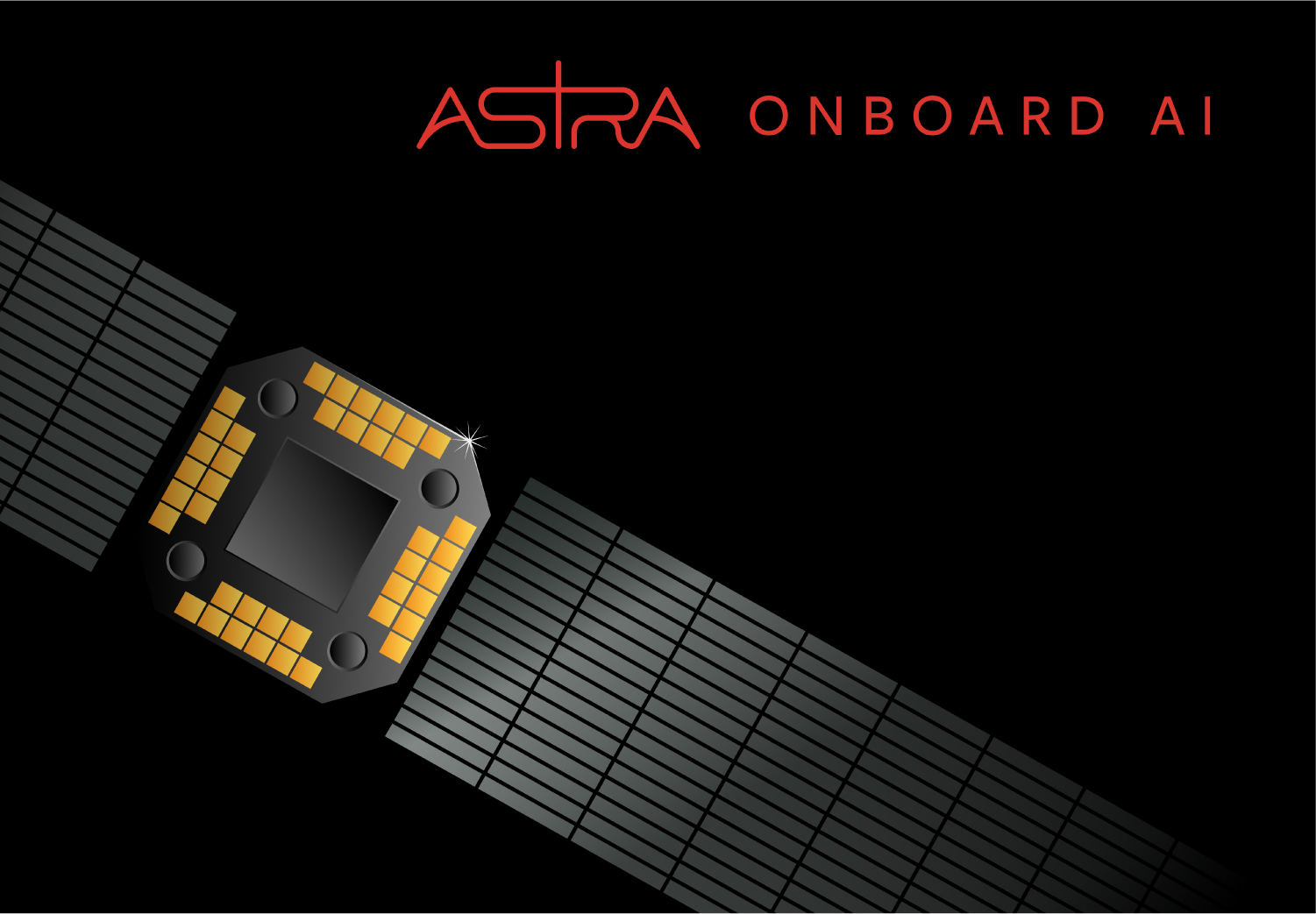 Vector illustration of a satellite with a wordmark in the top right that says "Astra Onboard AI"